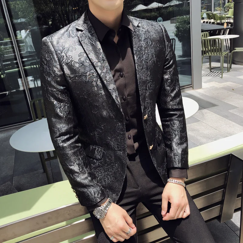 

2020 Brand New Mens Jacket Personality Jacquard Wedding Floral Blazer Men Party Stage Singer Costume Homme Size 5xl