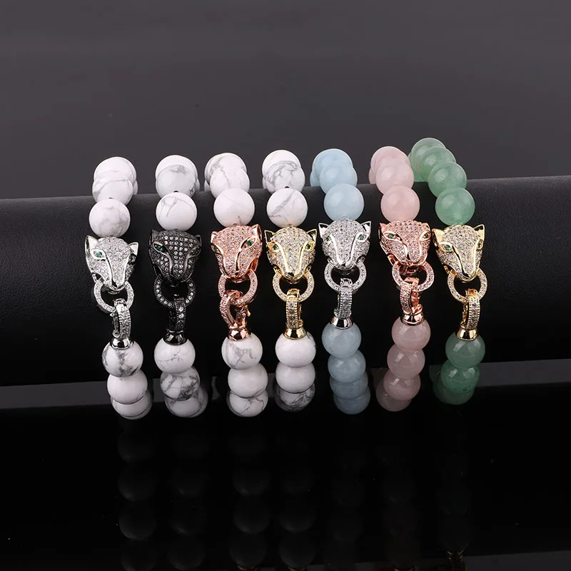 New Design Leopard Bracelet CZ Pave Charm Natural Stone Rose Quartz Howlite Beads Elastic Bracelet Women Men Jewelry Gift - Image 4