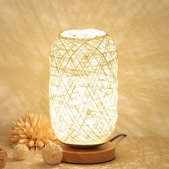 

Bedside LED Table Lamp Modern USB Powered Rustic Rattan Lampshade Wood Base for Household Bedroom Ornaments