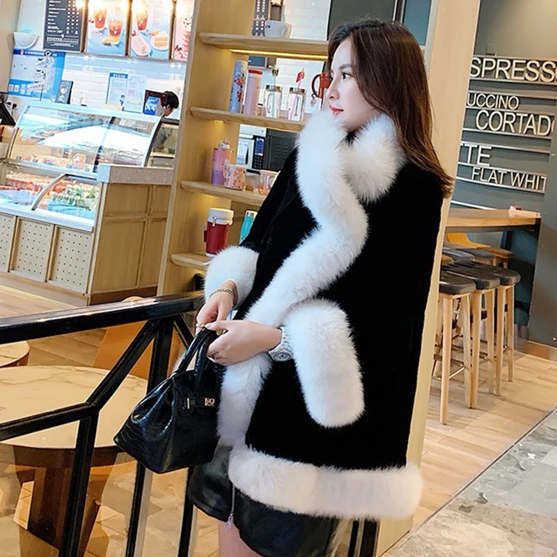 Fenghua зимнее женское пальто повседневное корейское меховое плотное теплое длинное пальто из искусственного меха ягненка тонкое зимнее женское пальто черное меховое пальто