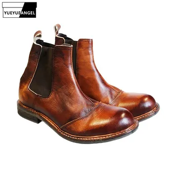 

2020 Vintage Real Leather Classic Chelsea Boots Men Handmade Slip On Ankle Boots Autumn Round Toe High Top Safety Shoes Couple