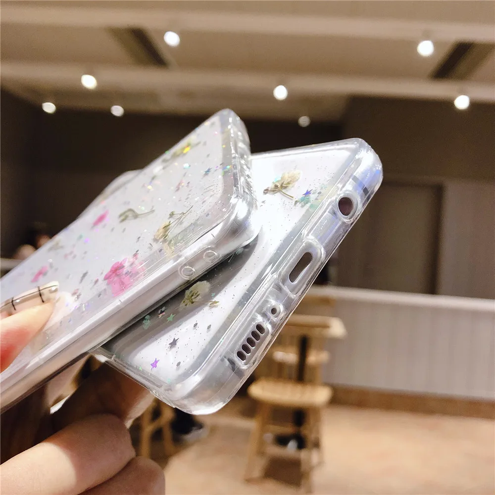 Elegant Real Dried Flower Glitter Soft Clear Phone Case