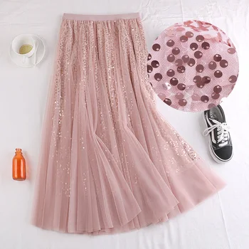 

New winter fairy han edition in high wind waist thin long white gauze sequins splicing skirts female skirt 690