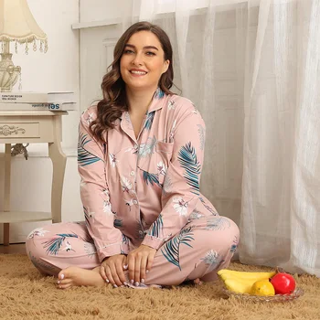 

Wipalo Women Autumn Winter Button Long Sleeve Lapel Cotton Pajamas Sets Floral Print Shirts +Pants Sleepwear Soft Household Wear