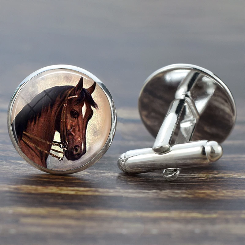 Horse Cufflinks Silver Suit Shirt Best Man Cufflinks Set Glass Cabochon Jewelry Fashion Men Cuff Links gifts
