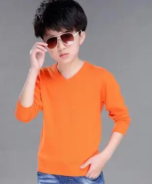 V Neck Orange Коллекция года, Весенняя детская одежда свитер для мальчиков однотонный Повседневный узкий вязаный свитер с длинными рукавами для мальчиков детская рубашка - Цвет: V Neck Orange