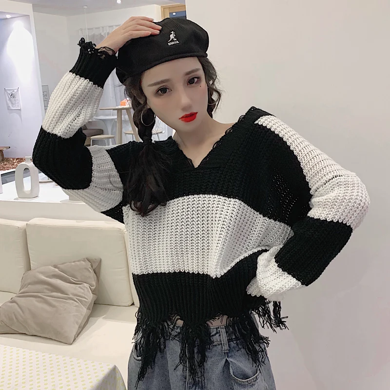 

Lychee Harajuku Patchwork Rainbow Stripe Women Sweater Color Block Tassel Knitted Women Sweater V-neck Loose Lady Sweater