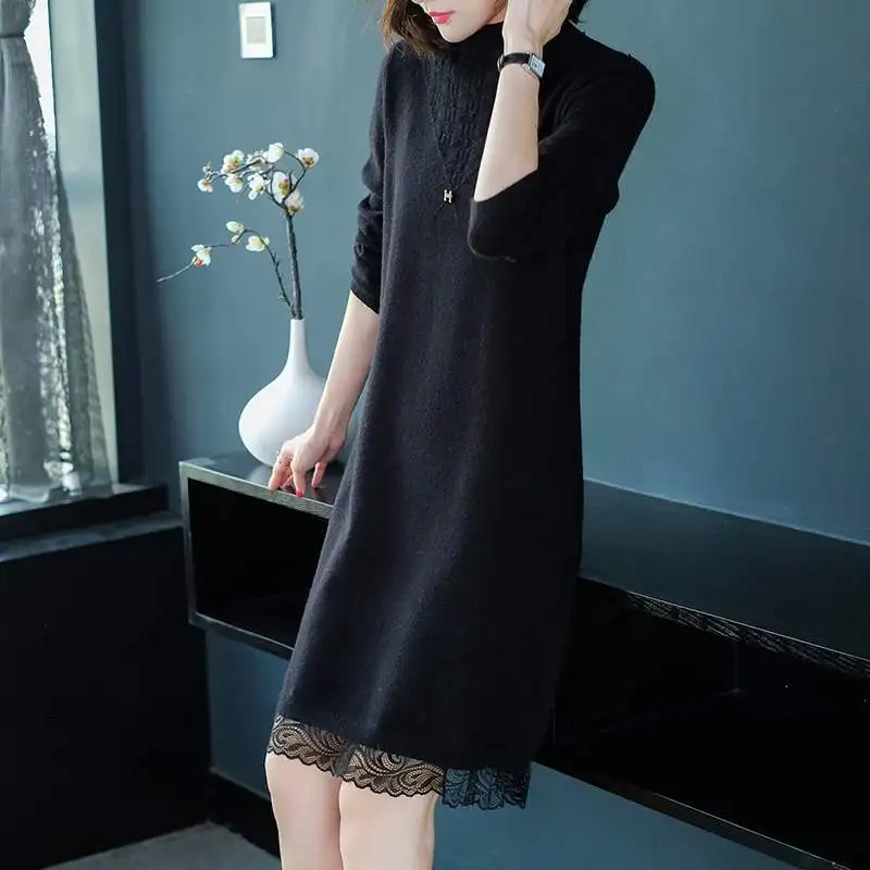 

Mid-length Sweater Women's Autumn And Winter 2019 New Style Loose Outer Wear Long Western Style Online Celebrity Lace Edge Base