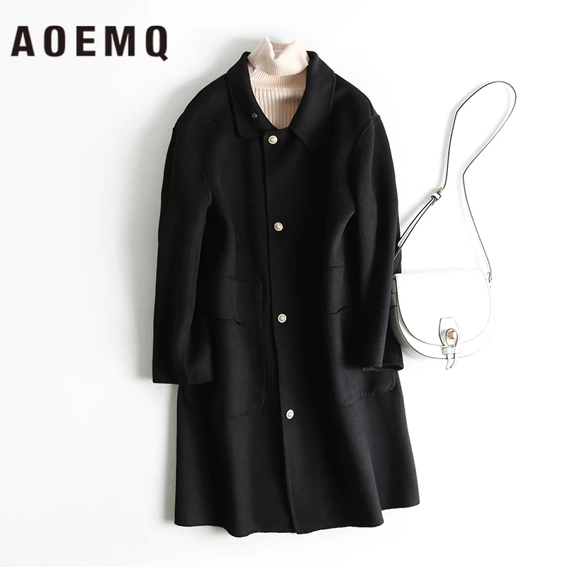 AOEMQ винтажное однотонное шерстяное Пальто черное/Красное длинное пальто верхняя одежда кардиган однобортное шерстяное пальто со стоячим воротником Женская одежда