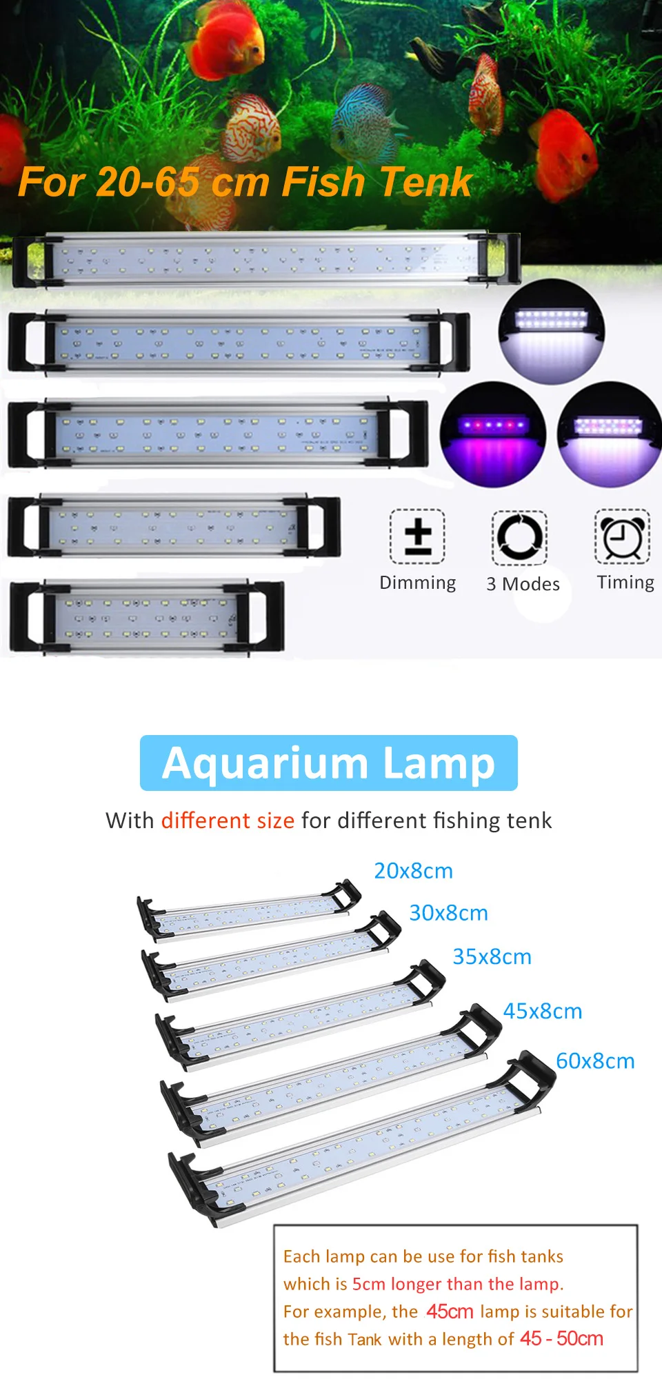 Лампа для аквариума, светодиодный светильник для аквариума 20-65 см, светодиодный светильник для рыбной ловли в помещении, светильник для водных растений, светильник с таймером и затемнением