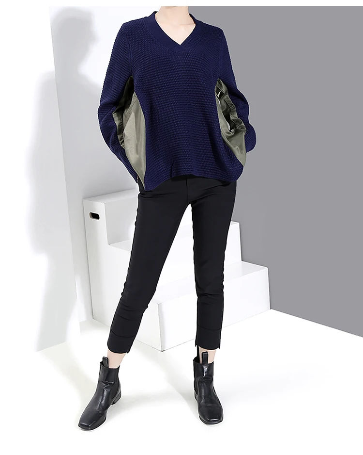 Новинка, женский зимний модный синий вязаный пуловер, свитер, корейский стиль, пэчворк, женская теплая уличная одежда, свитер большого размера, 5807