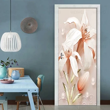 

3D Embossed Lily Flower Bedroom Door Stickers Decoration DIY Self-adhesive Wall Mural Wallpaper Poster For Living Room 3D Decals