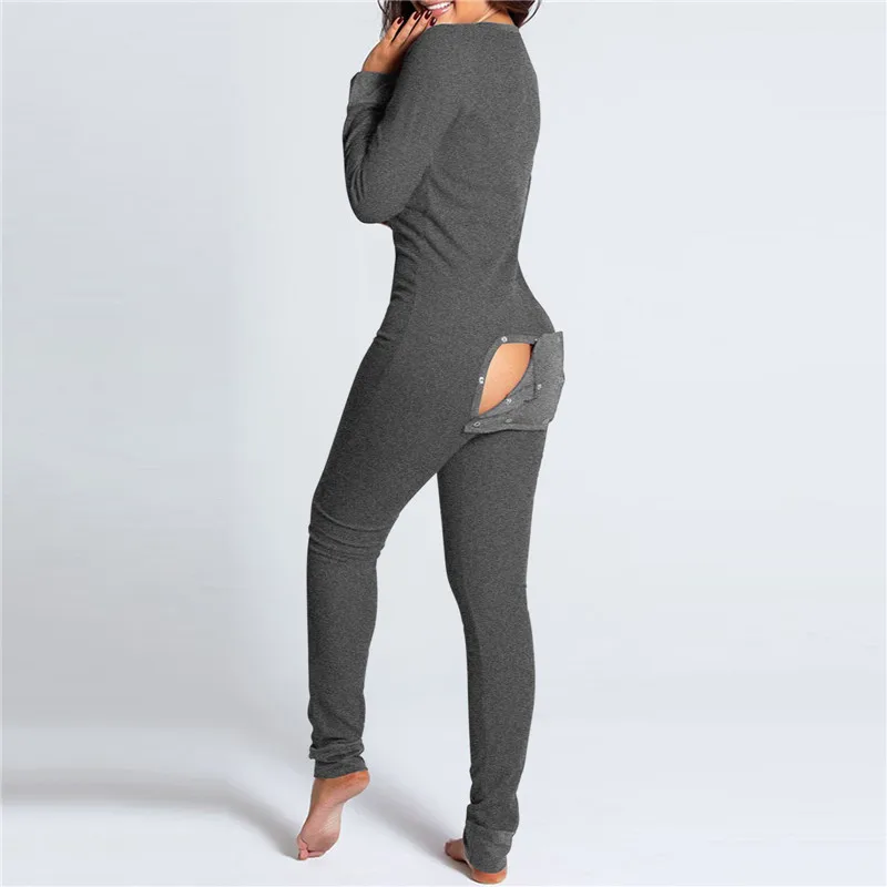 V-neck Buttons Up Sexy Romper Women Long Sleeve Jumpsuits Autumn Fruits Print Sleepwear Back Flap Sleepwear