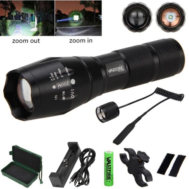 T6 Tactical LED Torch Gun Light 5000 Lumen Zoomable White Hunting Flash light+Rifle Scope Mount+18650+Pressure Switch+Charger