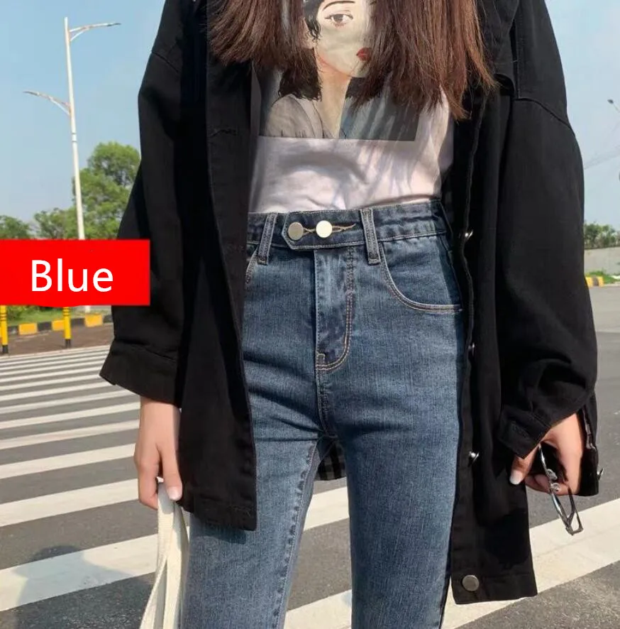 Синий Two Button High Waist Boyfriend Jeans for Women Denim Skinny Pants vintage Slim Pencil Jeans ankle Length Women Casual Jeans - Цвет: Синий