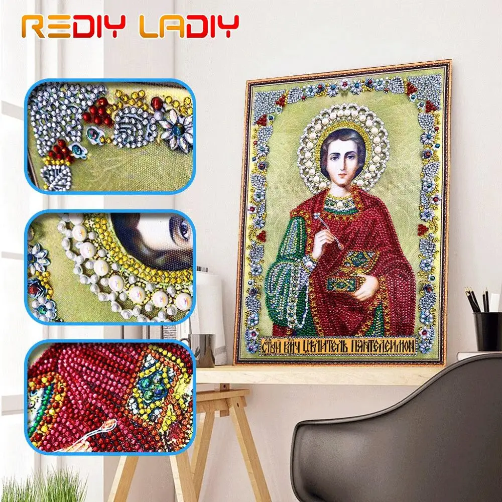 

Special Shaped Diamond Embroidery Beaded Cross Stitch St. Panteleimon Shining Round Diamond Mosaic Icon Partial Diamond Painting