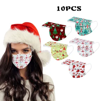 

10pc Christmas Printed Mask Adult Unisex Disposable Facemask Non-woven Protection Masks Elastic Earloop Mascarillas Facemasks Ма
