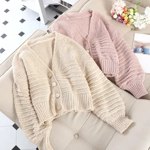 SINGRAIN, женские осенние однотонные короткие вязаные свитера, повседневные, свободные, размер с v-образным вырезом, Femme, элегантные, с рукавами-фонариками, вязаные кардиганы