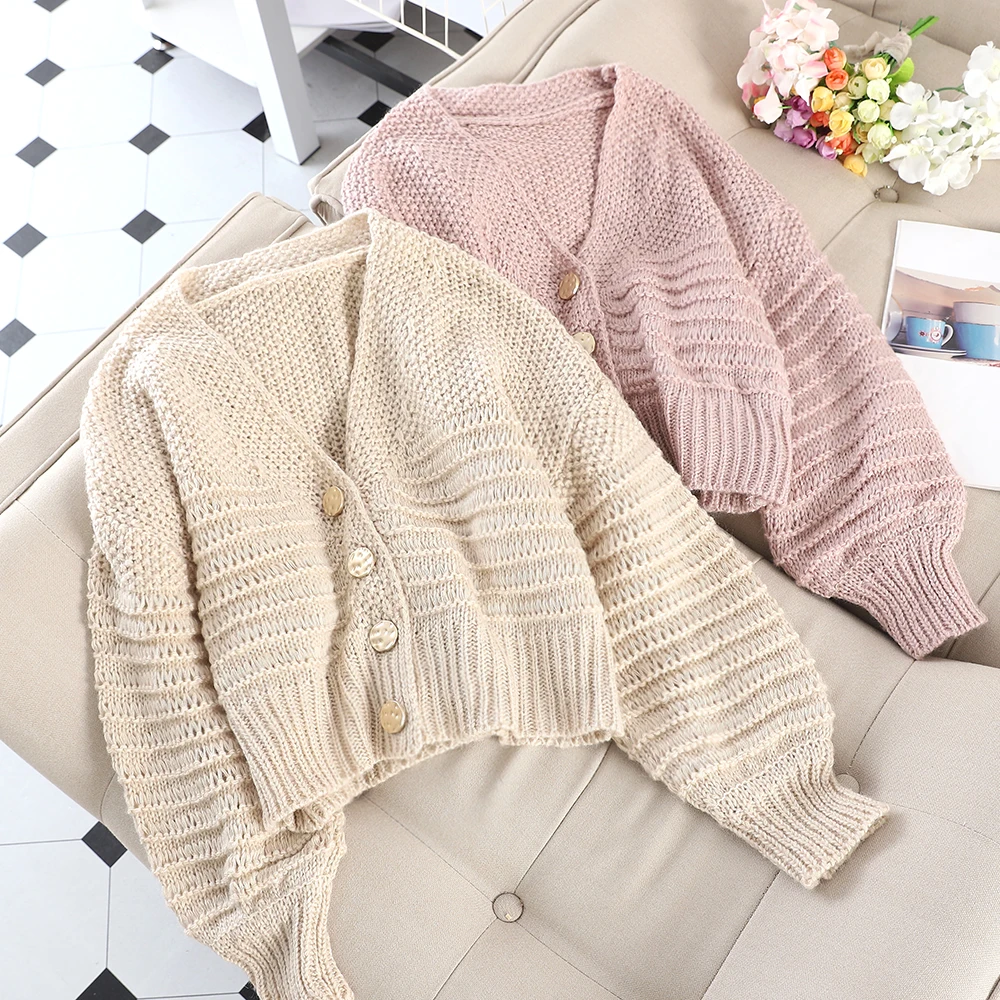 SINGRAIN Women Autumn Solid Short Knitting Sweaters Casual Loose Size V-Neck Femme Elegant Lantern Sleeves Knitted Cardigans |
