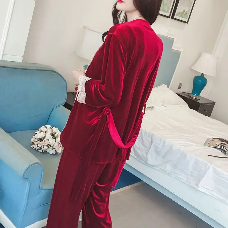 3 шт., женская зимняя теплая Коралловая бархатная Пижама, набор, вышитая Цветочная кружевная Лоскутная одежда для сна, пояс на талии, одноцветная ночная рубашка