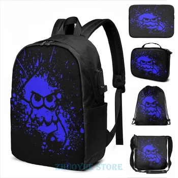

Splatoon Black Squid on Blue Splatter Mask USB Charge Backpack men School bags Women bag Travel laptop bag