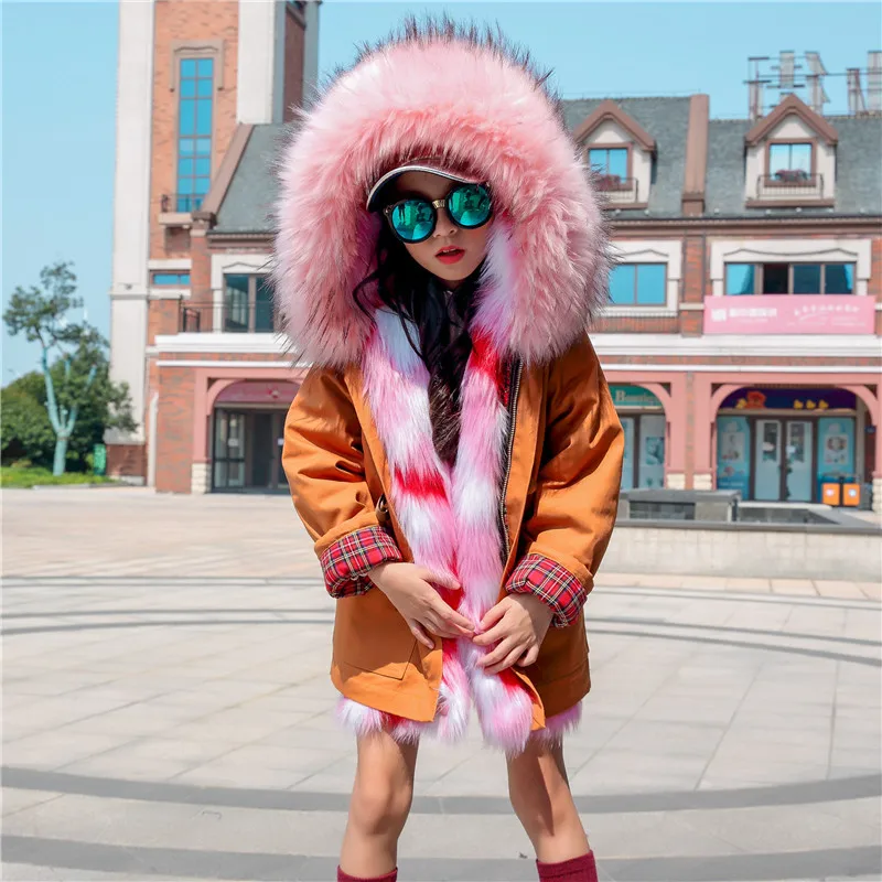 brown top-pink 1 Детское пальто с искусственным мехом для девочек, толстовки с меховым воротником, куртки для детей, зимнее пальто с искусственным мехом для мальчиков, Детская верхняя одежда с мехом, пальто для девочек - Цвет: brown top-pink 1