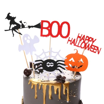 

16pcs Halloween Cake Toppers DIY Cupcake Topper Castle Ghost Pumpkin Cake Flags