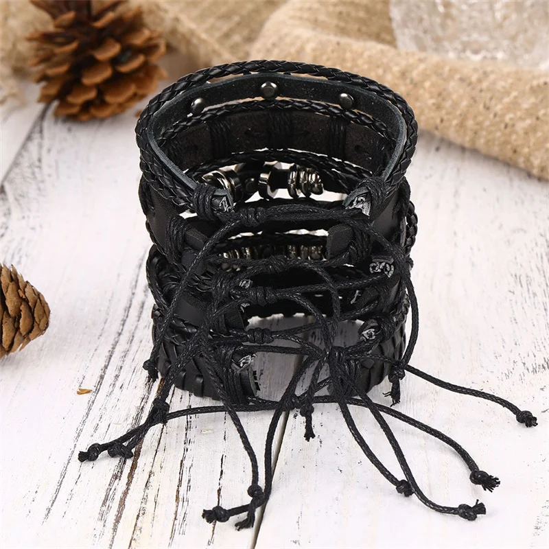Rock Skull Star Feather Multiple Layers Leather Bracelets For Men Charms Bracelets - Image 4