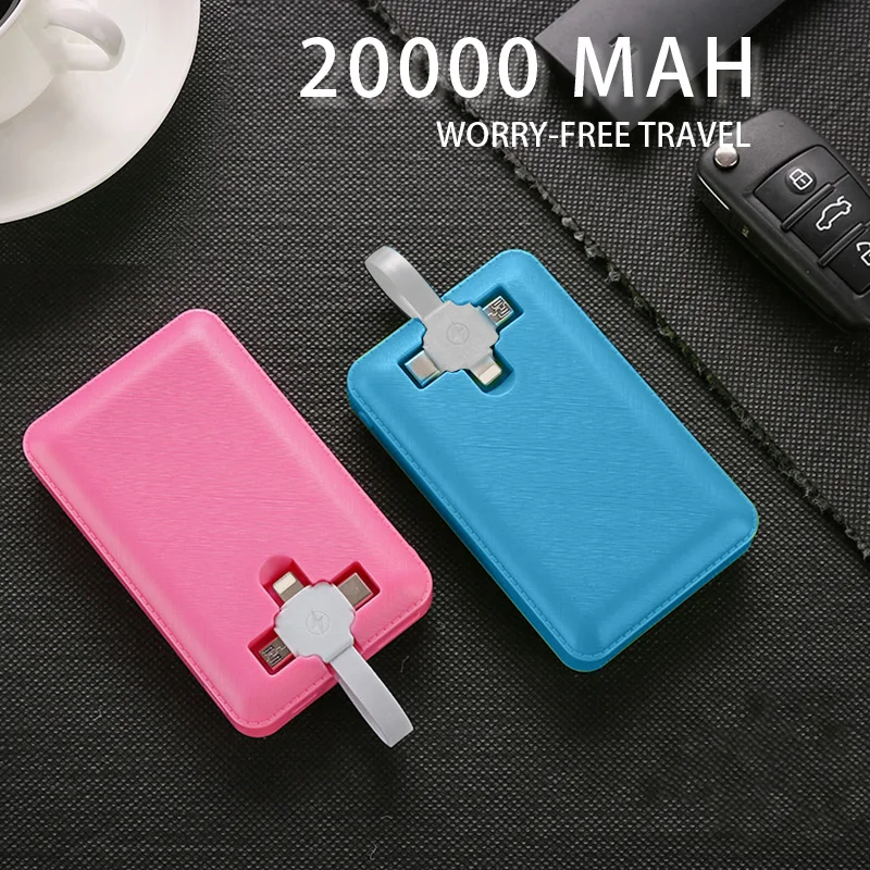 Power Bank 20000mAh Built-in Cable Portable Powerbank For iPhone 11 pro X 8 7 External Battery Pack for Xiaomi Mi 9 Poverbank | Мобильные