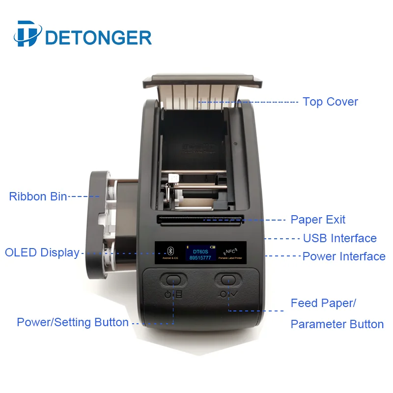 DETONGER 휴대용 열전사 인쇄기, 리본 PET 고정 애셋 태그, 실험실 라벨 프린터