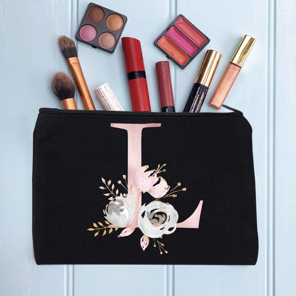 Women's Cosmetic Makeup Bags Female Organizer Pink Flower 26 Letters School Pencil Cases Carrying Bag for Coin Purse