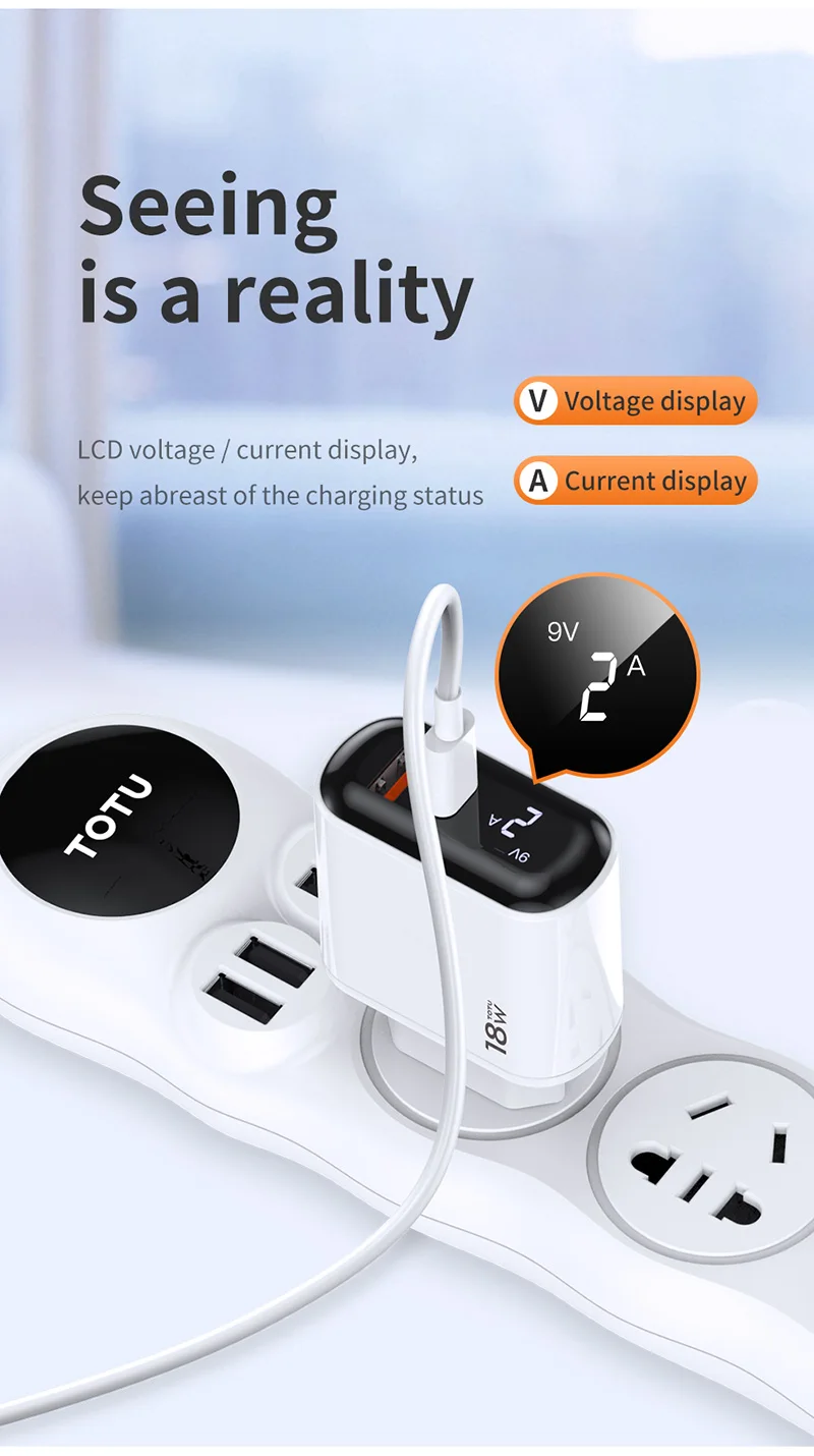 TOTU EU phone travel charger with LED display, fast charge PD18w + QC3.0 home travel wall charger