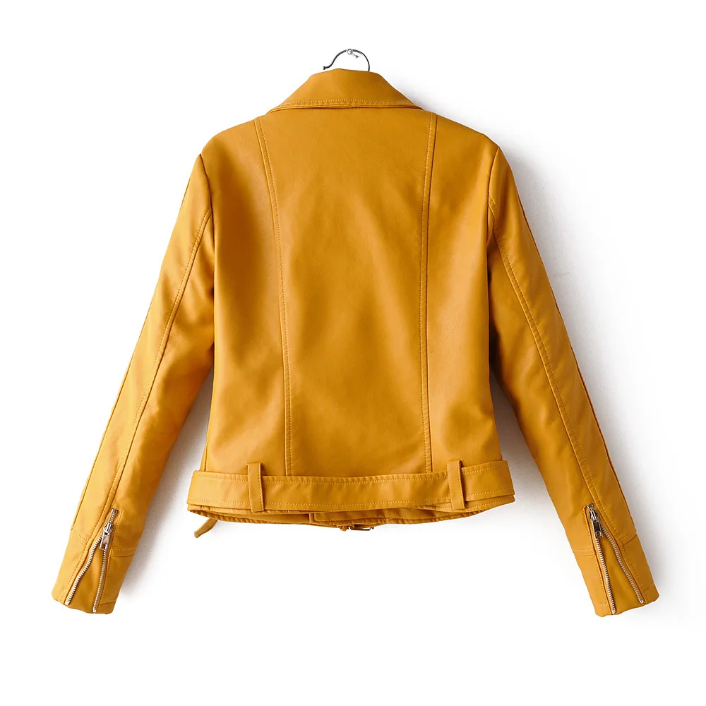 Spring Autumn Women's PU Leather Jacket With Belt Red Black Zipper Motorcycle OL Casual Jacket Plus Size Christmas Outwear