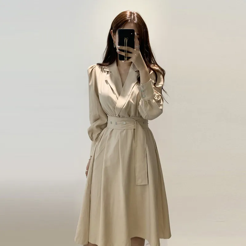 

A-line French Vintage Dress Female Early Autumn 2019 New Solid Long-sleeve Tie Drawstring High Waist Slim Knee-length Dress