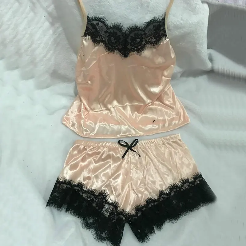 Flesh pink 1 комплект, эластичная мягкая кружевная Сексуальная атласная пижама, удобный милый топ и шорты, Женская пижама с v-образным вырезом, пижама без рукавов - Цвет: Flesh pink