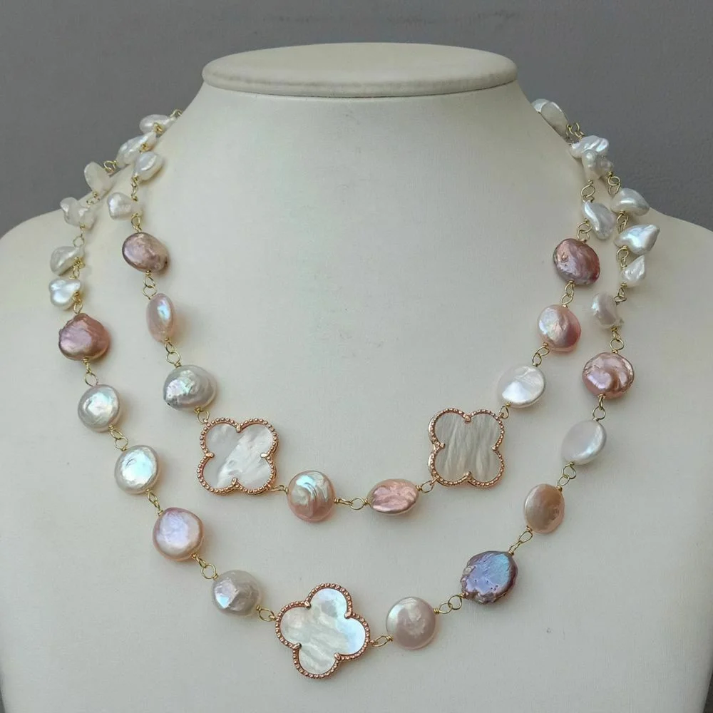 

19'' 2 Strands White Keshi Pearl Coin Pearl Mop Clover Necklace
