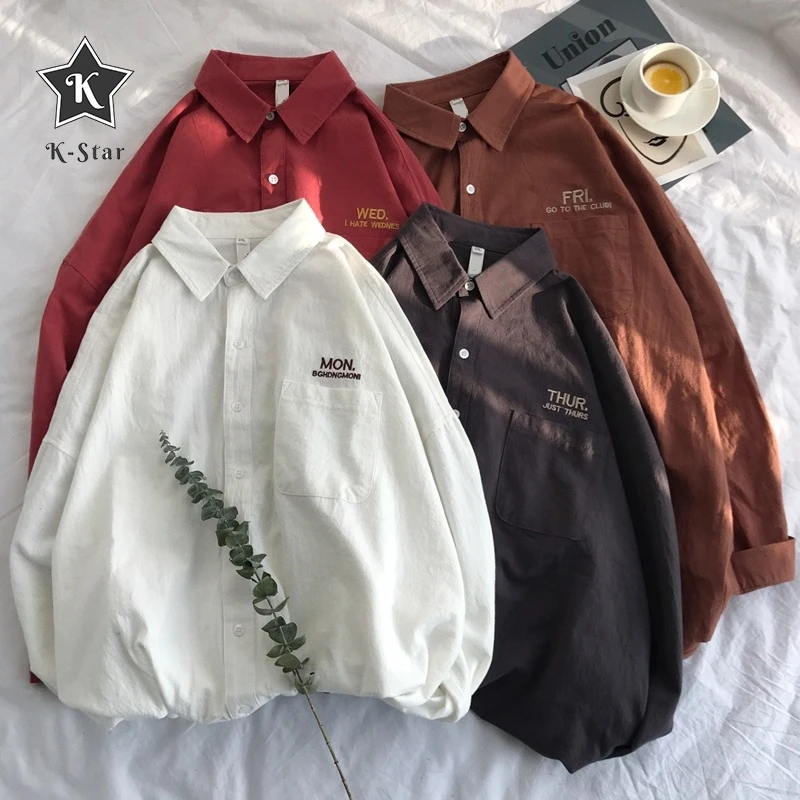 

K-Star Monochrome Long Sleeve Men's Shirt, Monday Embroidered Korean Fashion Shirt, Men's Streetwear, Women's Spring Wear