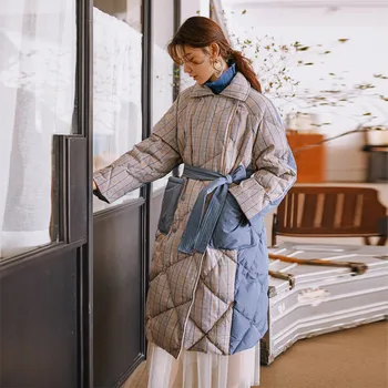 

Fashion Retro Plaid Winter Coat Ladies Large Size Long Jacket Women's Jacket 2019 New Arrival Contrast Color Ms. Cotton Mat Coat