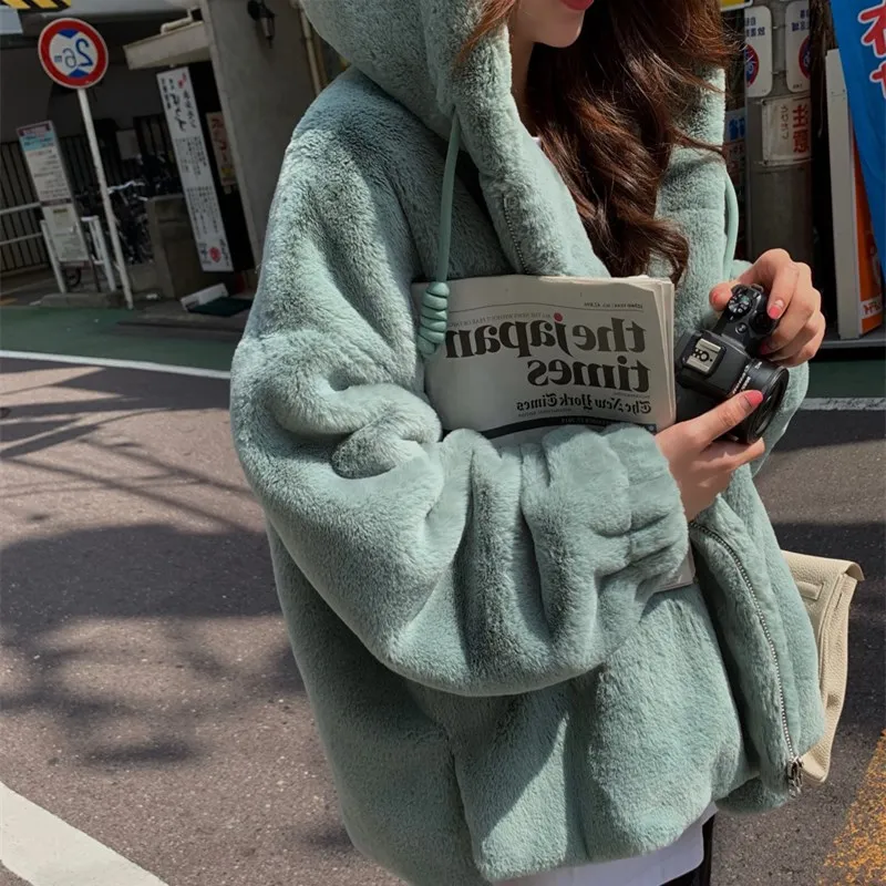 Estilo Casual con capucha caliente vestimenta de gran tamaño de las mujeres de invierno de piel gruesa de Teddy abrigo de oso 2019 moda mujer abrigo