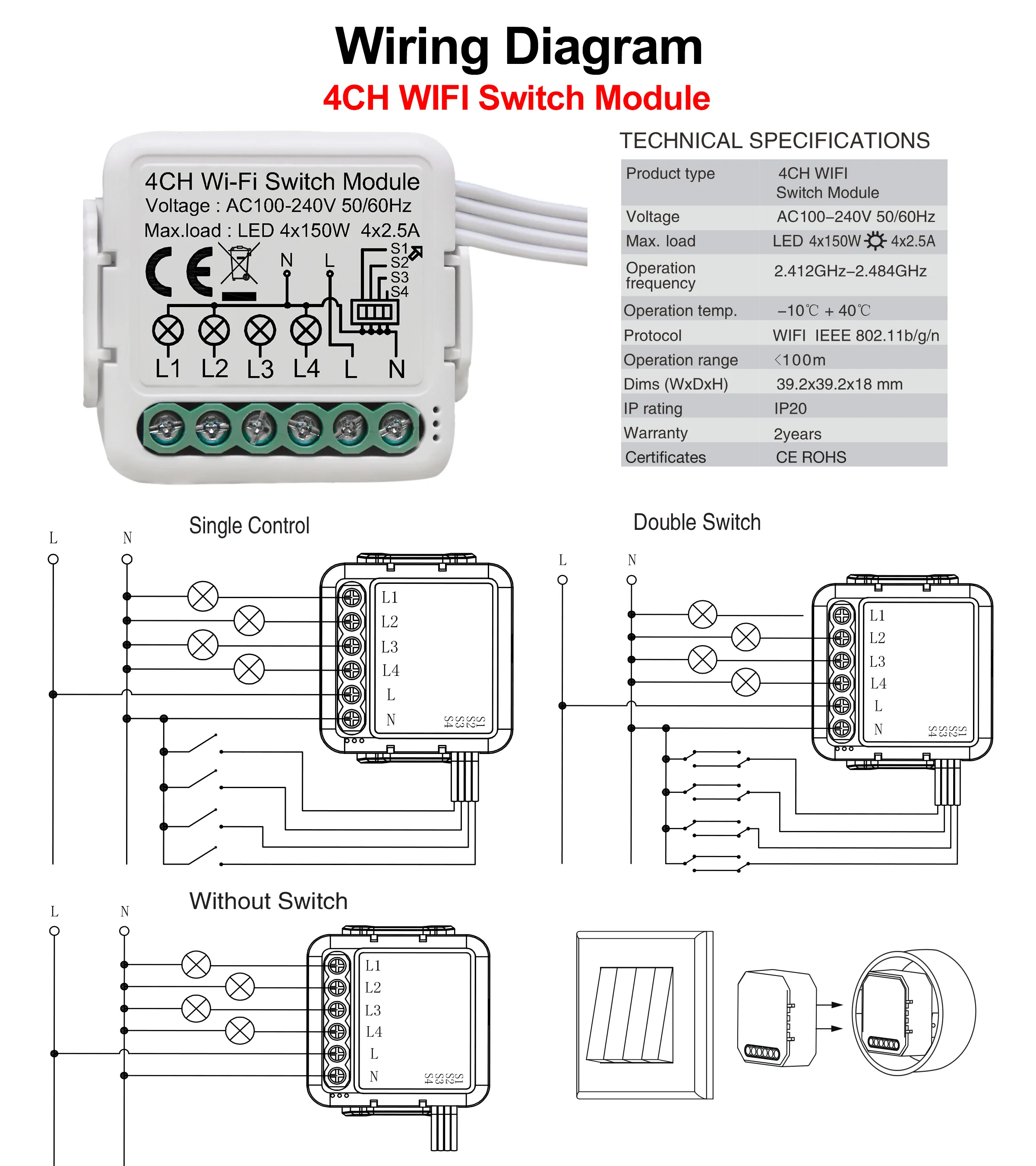 Tuya Wifi Smart Light Switch Module Supports 2 Way Control, App Remote Control DIY Breaker 100-240V, Work with Alexa Google Home