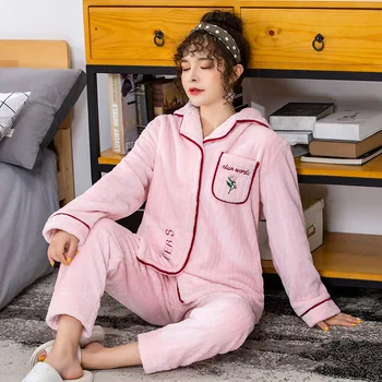 

Thick Coral Fleece Pajamas Women Autumn Winter Long-Sleeved Cardigan Warm Flannel Home Service Two-Piece Sleepwear Pijama Mujer