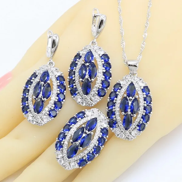 Dark Blue Zircon 925 Silver Jewelry Sets for Women Bracelet Earrings Necklace Pendant Ring Gift Box - Окраска металла: 3pcs No bracelet