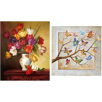 

2 Set 5D Diy Diamond Painting Full Round Diamond Home Decor Gift No Frame - Butterfly Tree & Tulip Flower Vase