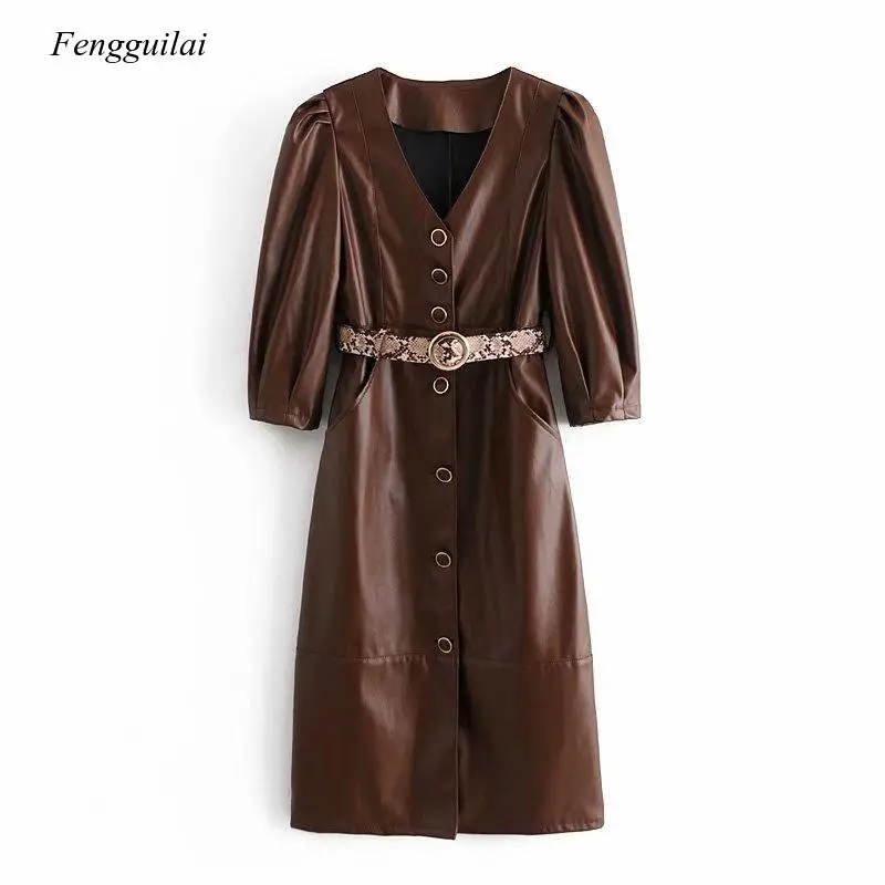 Women 2021 Chic Fashion with Belt Faux Leather Button-Up Dress Vintage Side Pockets Female Dresses Mujer