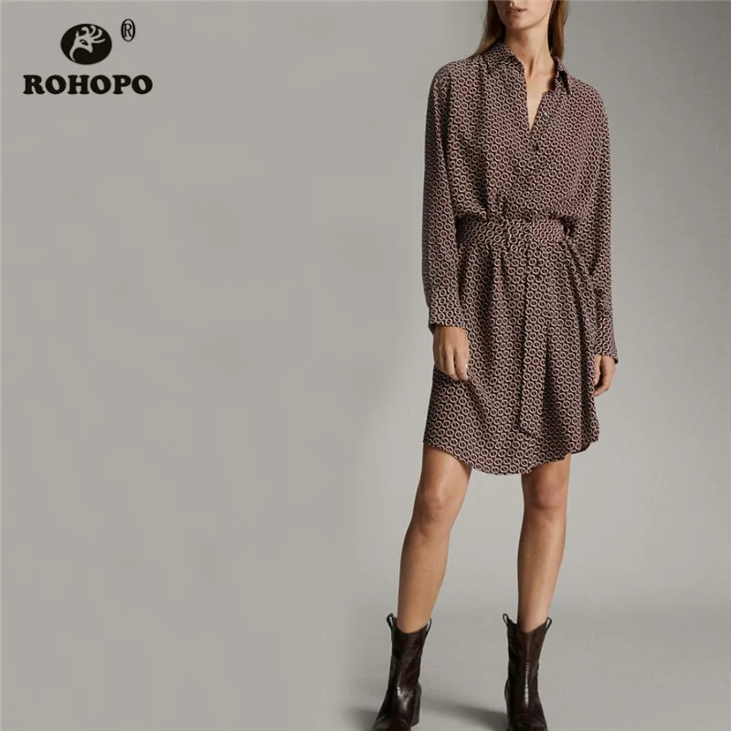 

ROHOPO Lantern Long Sleeve Turn Down Collar Chain Printed Blouse Dress Belted Elegant Ladies Straight Buttons Fly Robe #9042