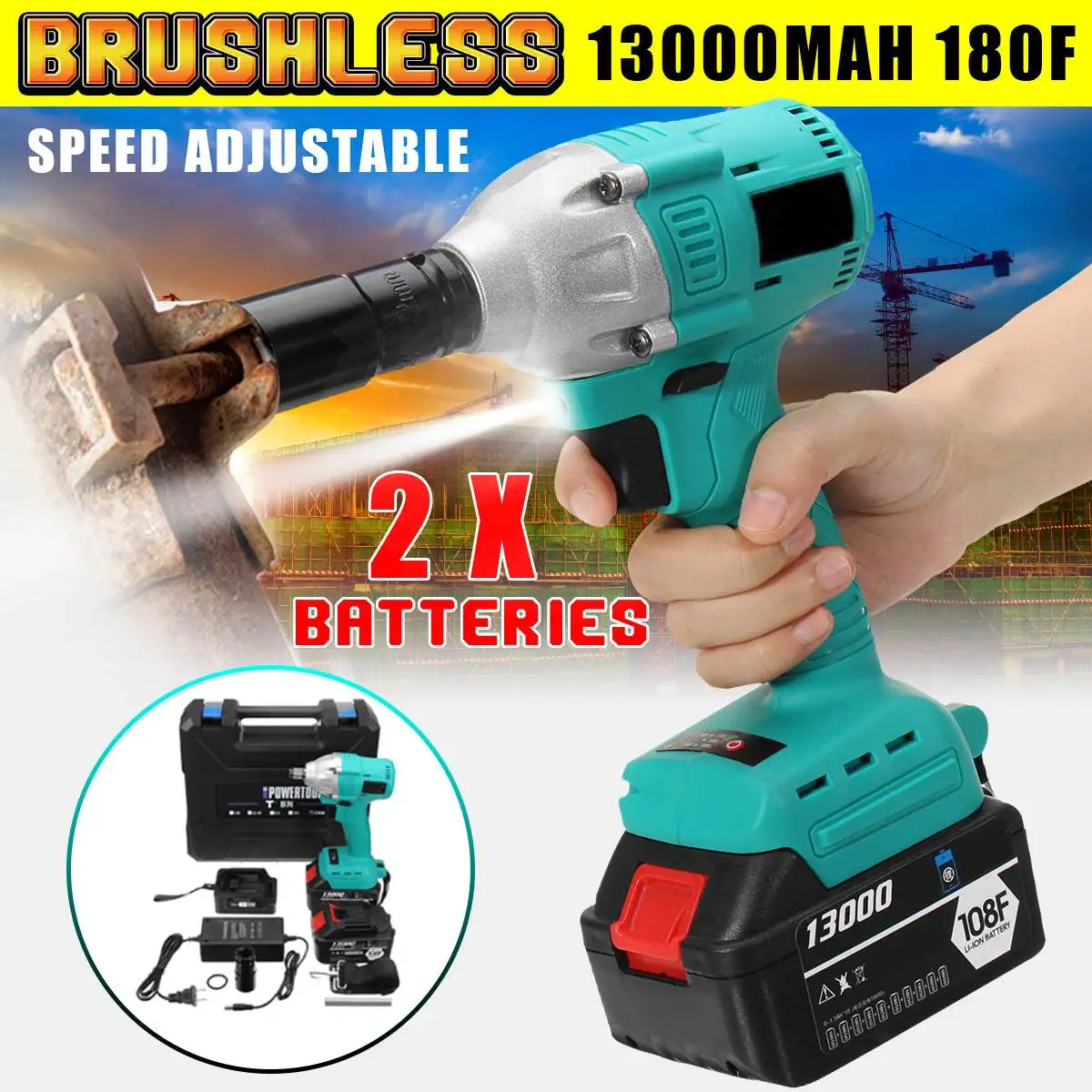 

Doersupp 2x108F 13000mAh Batteries Brushless Electric Impact Shock Wrench Cordless 340M.N Electric Hand Drill Installation Tools