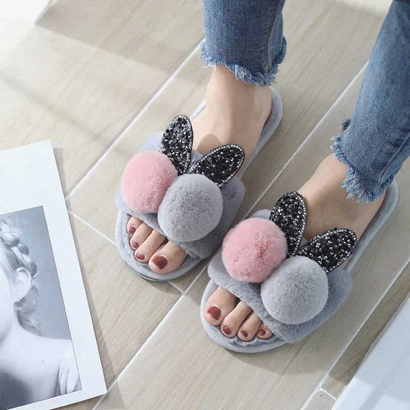 

Ladies sexy pompom fur slippers girls winter home velvet shoes female flat glitter slippers flurry slides