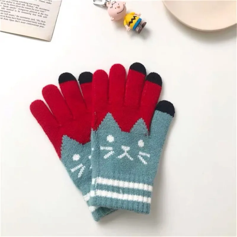 Женские перчатки с мультипликационным принтом, абсолютно новые зимние перчатки для сенсорного экрана, утепленные вязаные перчатки Luvas - Цвет: red