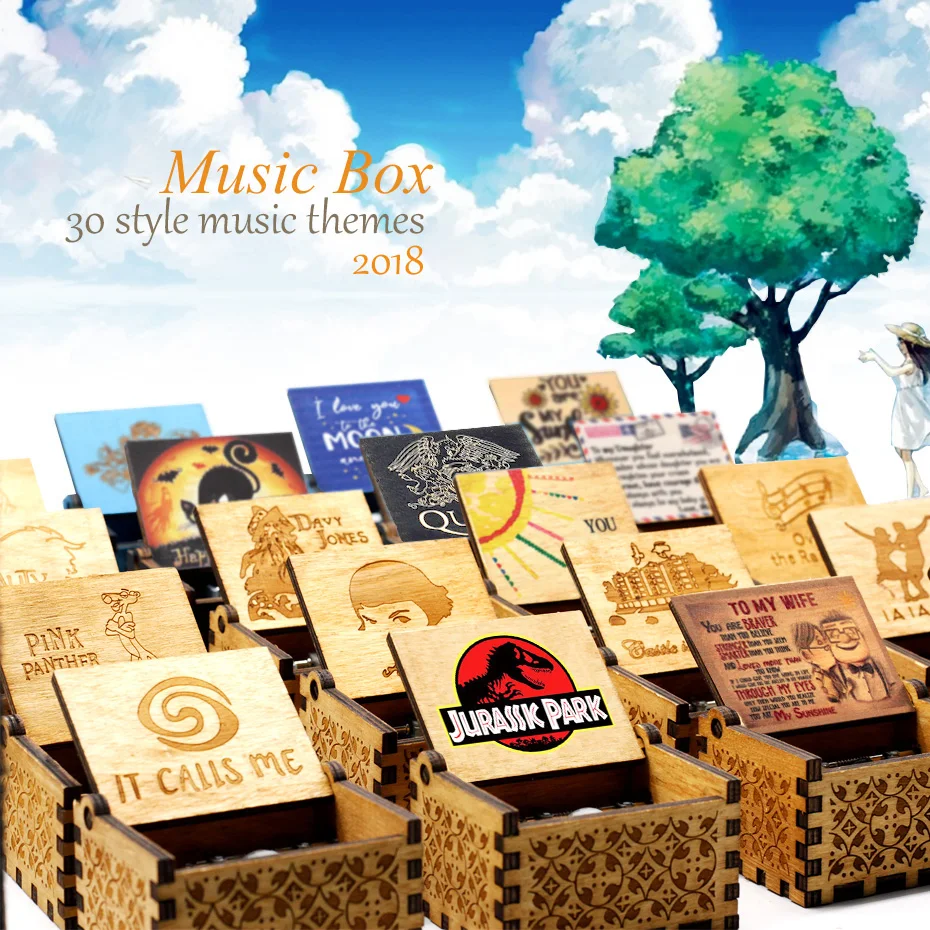 2021Wooden Hand Cranked Music Box You Are My Sun Jurassic Park Theme Song 