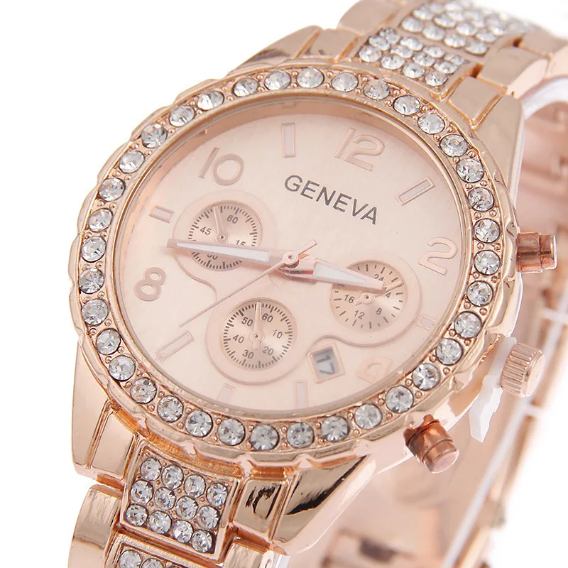 

Foreign Trade Europe And America Hot Selling Diamond Set Gold Steel Watch Three-Eyed Geneva Calendar Quartz Watch Manufacturers